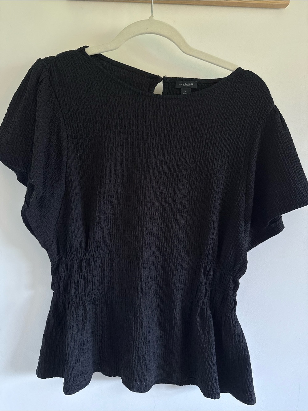 Ann Taylor Black Textured Peplum Sleeve Top